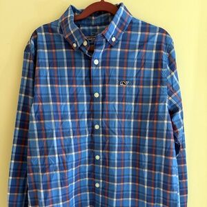 Vineyard Vines Plaid Performance Whale Shirt — Youth Medium